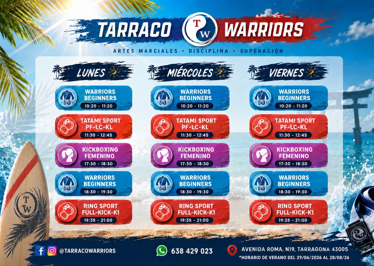 Horario de verano 2026 Tarraco Warriors